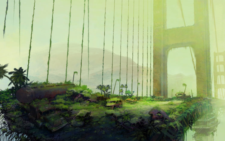 ruins, Art, Bush, Bridge, Fantasy, Post, Apocalypse, Apocalyptic HD Wallpaper Desktop Background