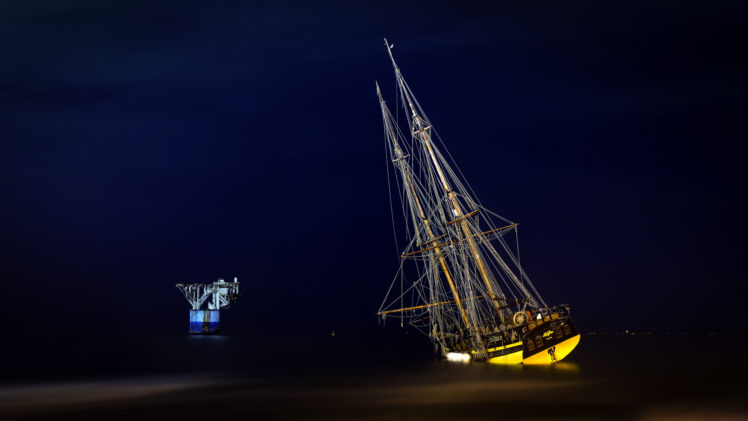 sea, Aeyaey, Ship, Night, Landscape HD Wallpaper Desktop Background