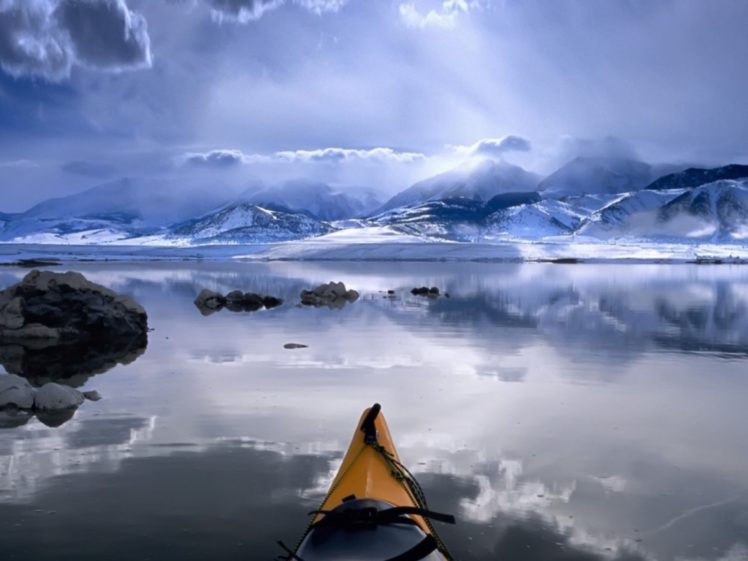 water, Abstract, Blue, Winter, Lights, Rocks, Canoe, Rowing, Sports, Canoeing HD Wallpaper Desktop Background