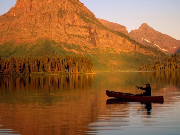water, Mountains, Nature, Medicine, Men, Valley, Glacier, National, Park, Canoe, Fishing HD Wallpaper Desktop Background