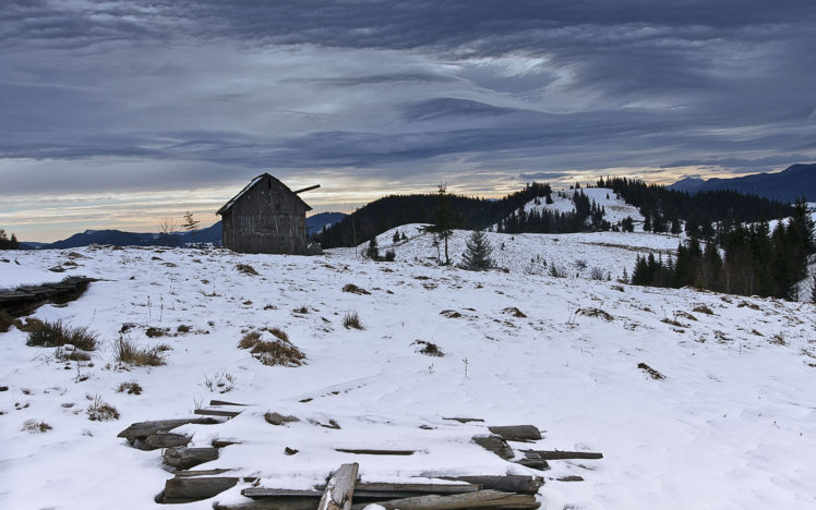 winter, Hills, Trees, House, Sky, Landscape HD Wallpaper Desktop Background