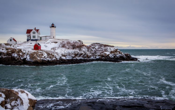 winter, The, Sea, The, Rocky, Coast, The, Lighthouse, Landscape HD Wallpaper Desktop Background
