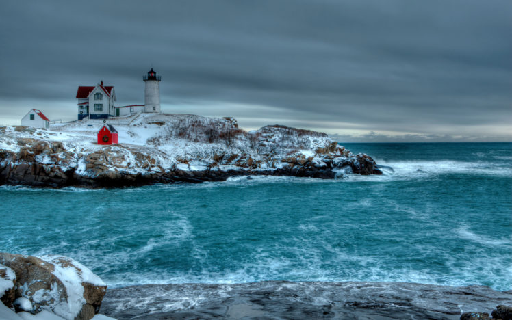 winter, Sea, Rocky, Coast, Lighthouse, Landscape HD Wallpaper Desktop Background