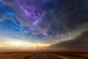 clouds, Storm, Road, Lightning, Power, Line