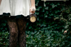 hello, Goodbye, Clock, Late, Ivy, Vines, Cameo, Ring, White, Dress, Frilly, Tights, Patterned, Textured, Whimsical, Mood, Bokeh