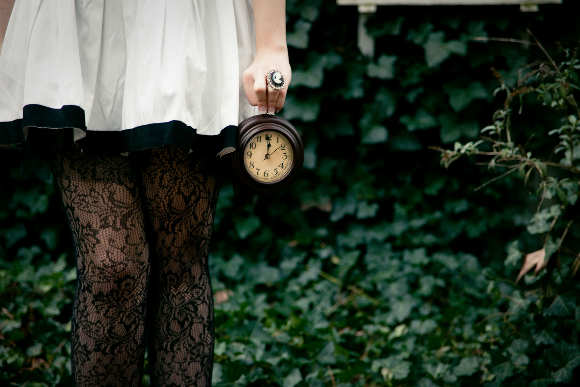 hello, Goodbye, Clock, Late, Ivy, Vines, Cameo, Ring, White, Dress, Frilly, Tights, Patterned, Textured, Whimsical, Mood, Bokeh Wallpaper