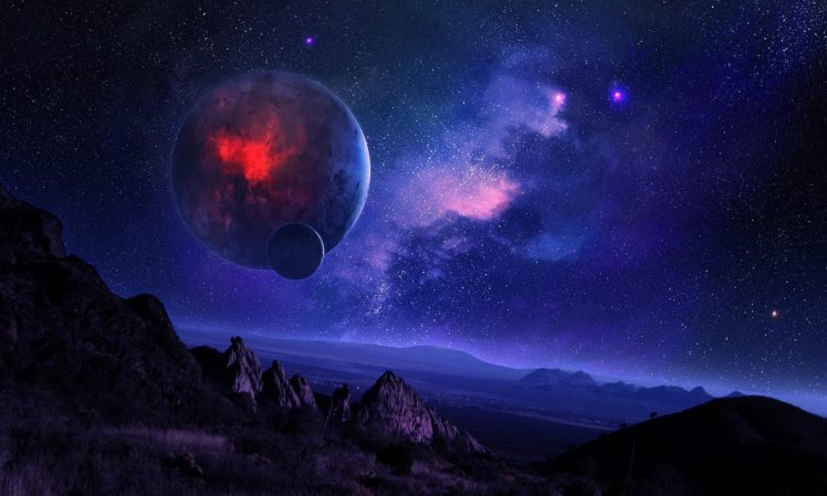 night, The, Starry, Sky, Mountains, Space, Planet, Satellite, Terrain, Nebula HD Wallpaper Desktop Background