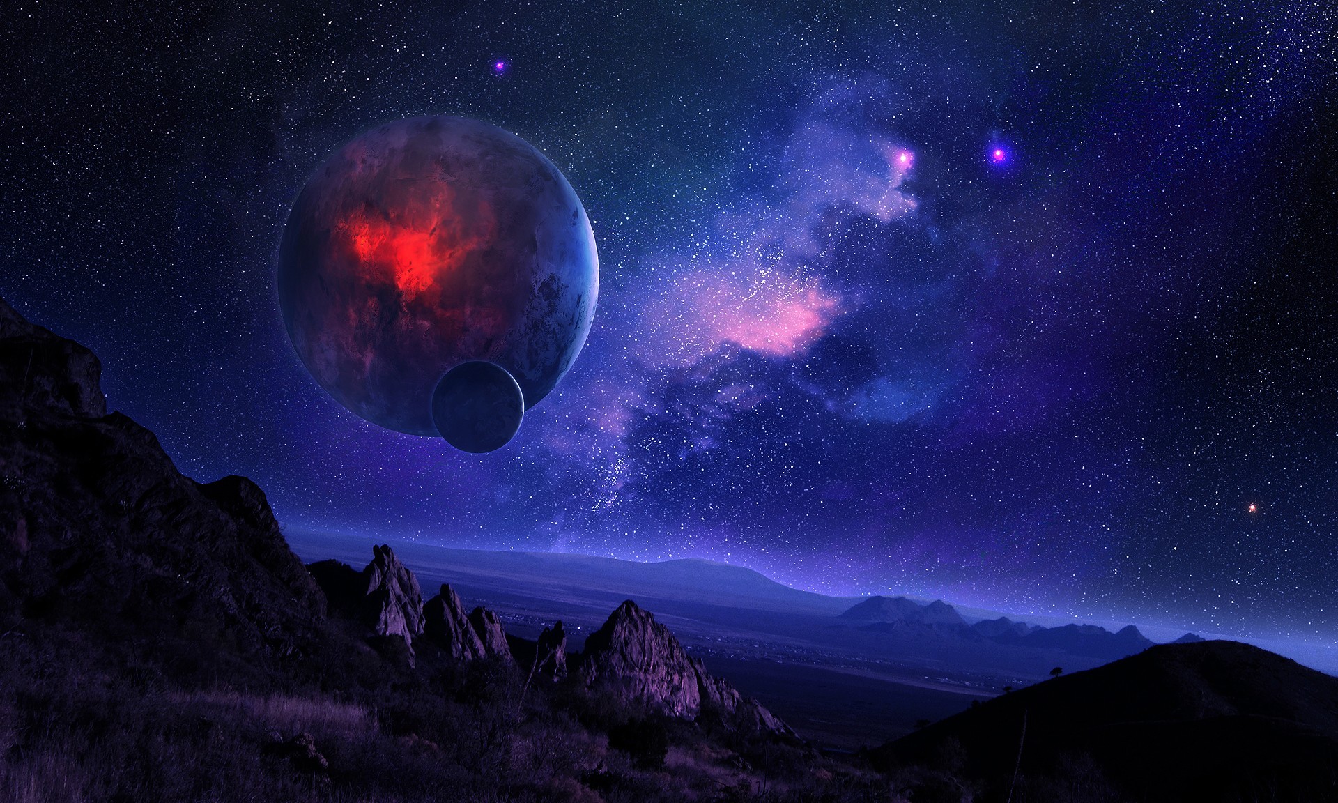 night, The, Starry, Sky, Mountains, Space, Planet, Satellite, Terrain, Nebula Wallpaper