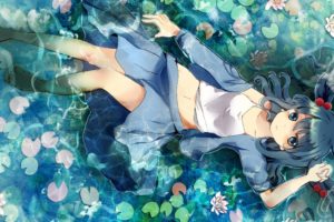 water, Video, Games, Touhou, Flowers, Blue, Eyes, Skirts, Long, Hair, Tank, Tops, Blue, Hair, Barefoot, Twintails, Lying, Down, Navel, Lily, Pads, Kawashiro, Nitori, Kappa, Hair, Ornaments, Open, Clothes