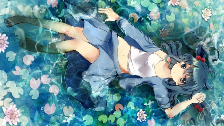 water, Video, Games, Touhou, Flowers, Blue, Eyes, Skirts, Long, Hair, Tank, Tops, Blue, Hair, Barefoot, Twintails, Lying, Down, Navel, Lily, Pads, Kawashiro, Nitori, Kappa, Hair, Ornaments, Open, Clothes HD Wallpaper Desktop Background