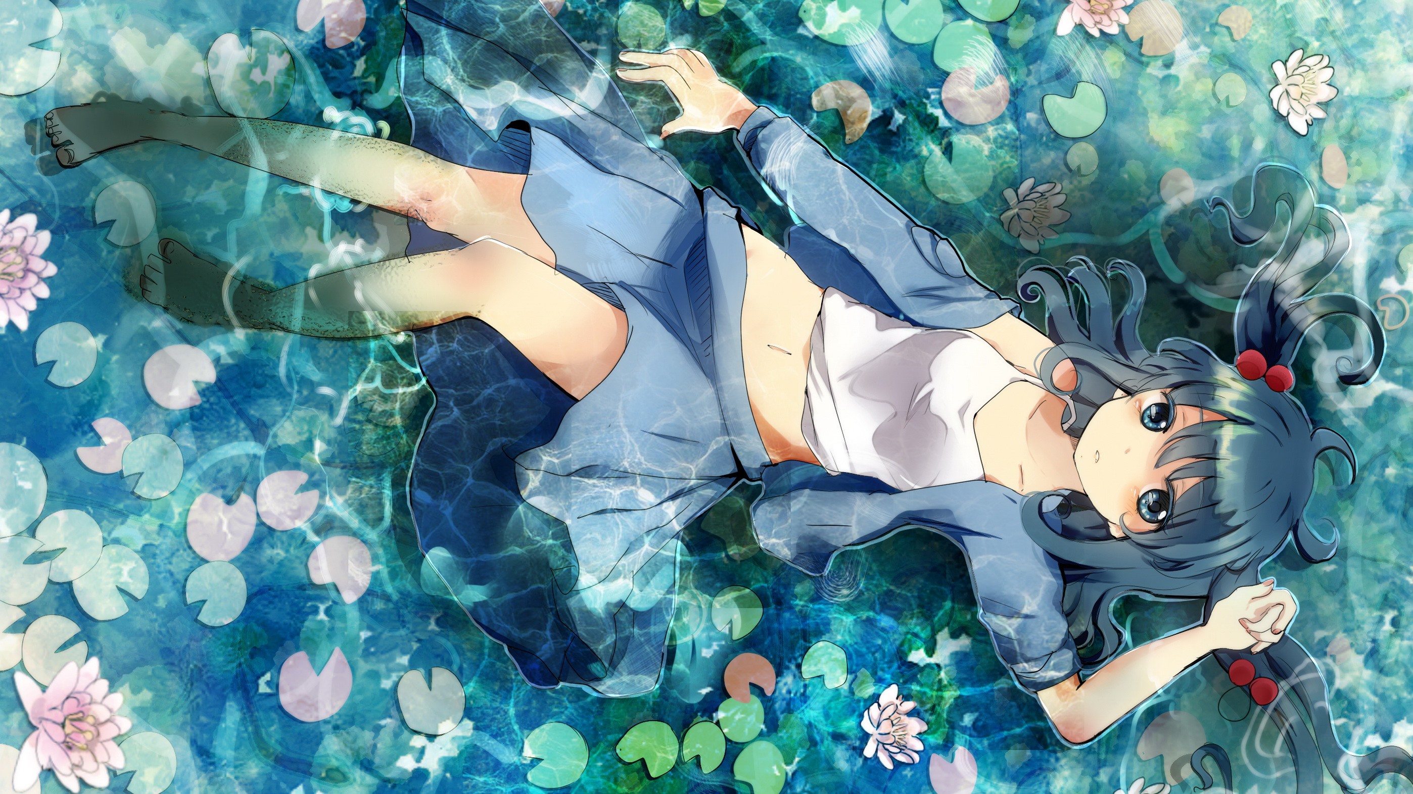 water, Video, Games, Touhou, Flowers, Blue, Eyes, Skirts, Long, Hair, Tank, Tops, Blue, Hair, Barefoot, Twintails, Lying, Down, Navel, Lily, Pads, Kawashiro, Nitori, Kappa, Hair, Ornaments, Open, Clothes Wallpaper