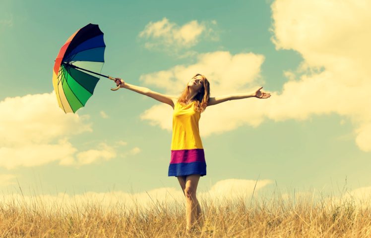mood, Girl, Dress, Color, Hands, Smile, Summer, Umbrella, Umbrella, Happiness, Freedom, Freedom, Openness, Warmth, Plants, Nature, Field, Sun, Sky, Clouds, Background, Freedom HD Wallpaper Desktop Background