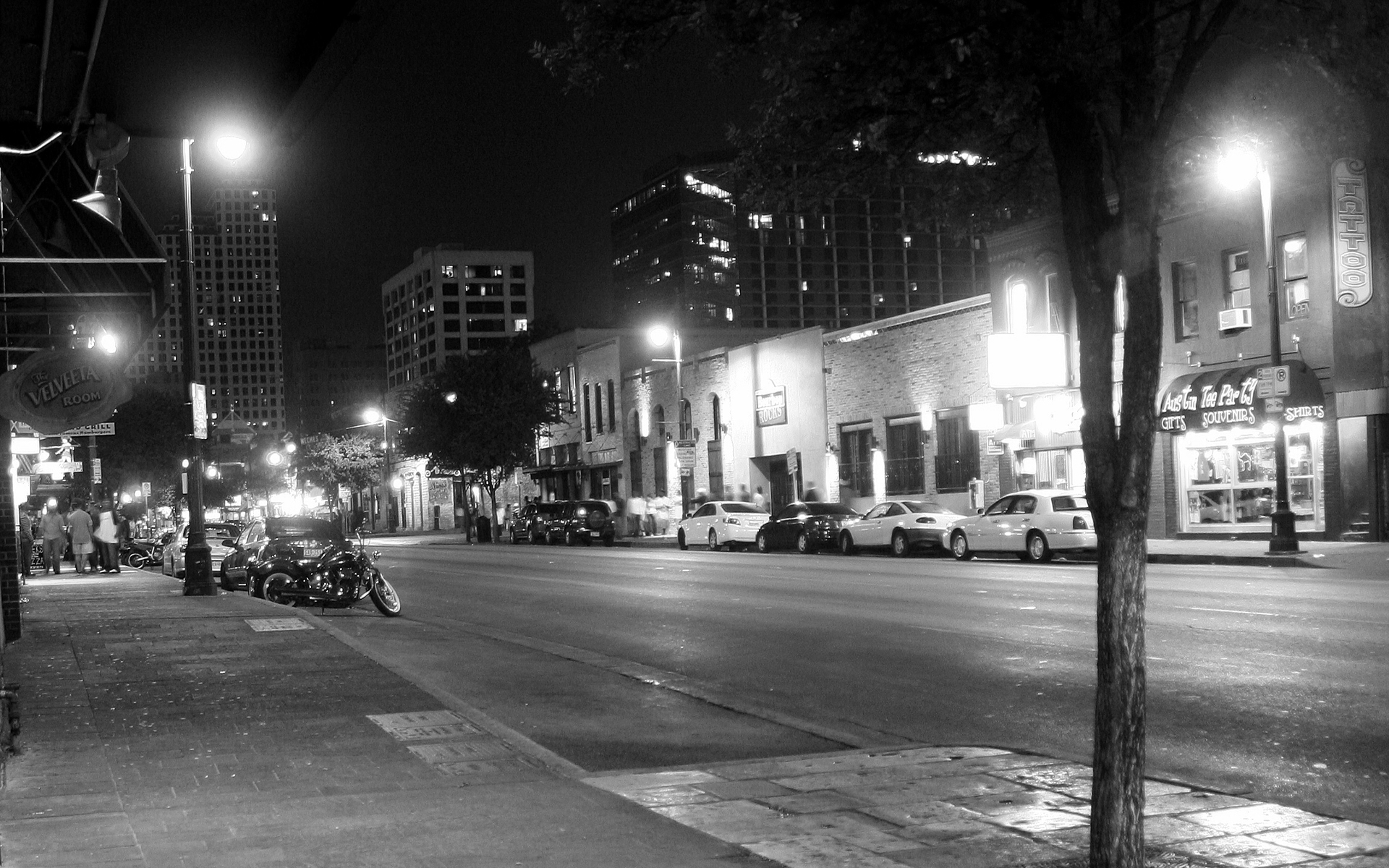streets, Night, Buildings, Bikes, Grayscale, Monochrome, Cities Wallpaper