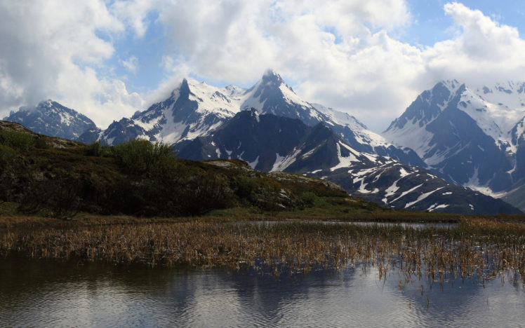 mountains, Landscape, Pond, Snow, Clouds HD Wallpaper Desktop Background