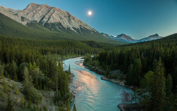 river, Moonlight, Mountains, Landscape, Forest, Trees HD Wallpaper Desktop Background