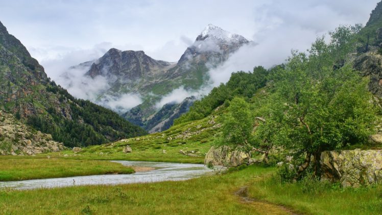 river, Mountains, Landscape, Trees, Clouds HD Wallpaper Desktop Background