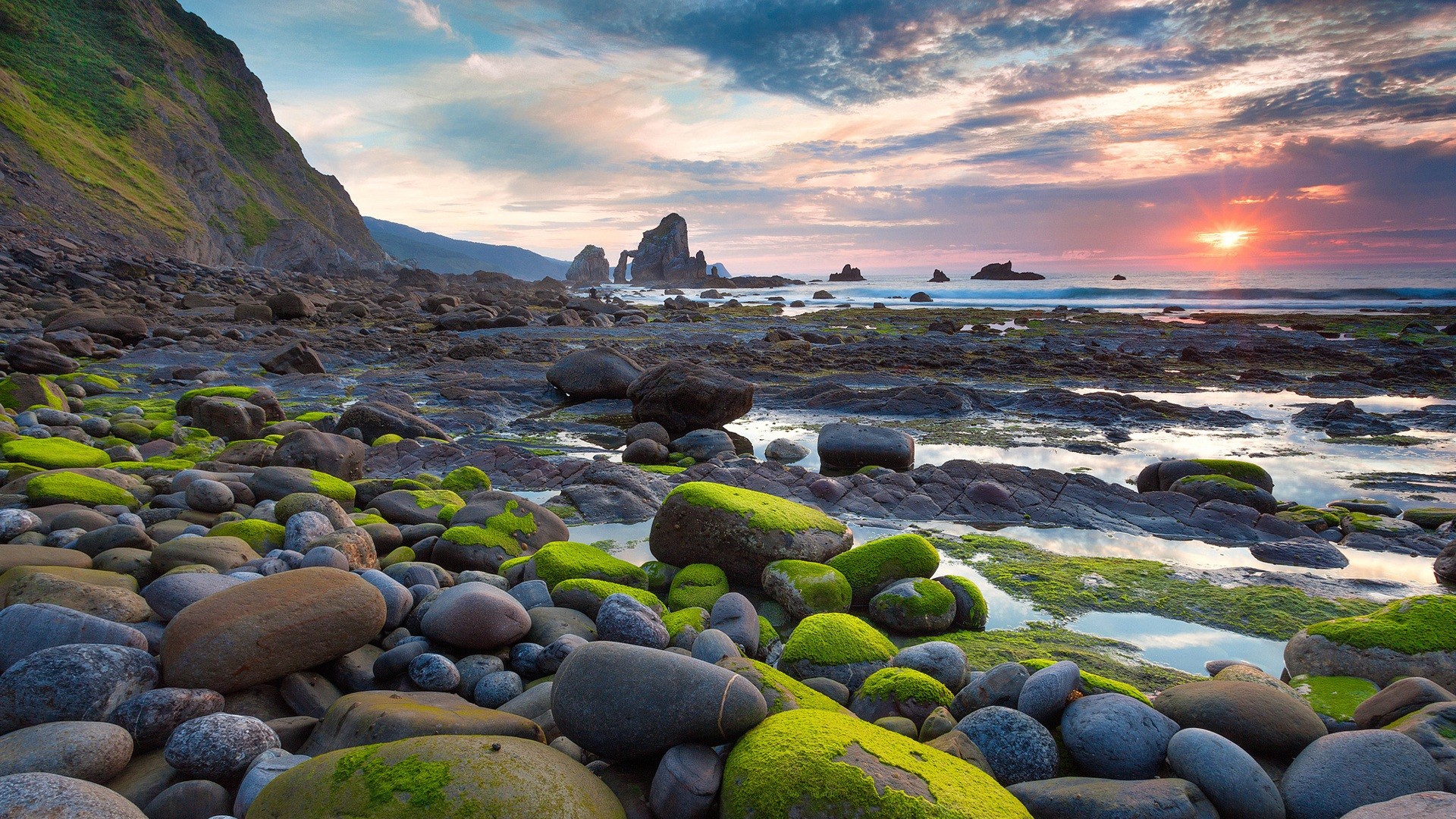 rocks, Stones, Sunset, Sunlight, Beach, Ocean, Moss, Landscape Wallpaper