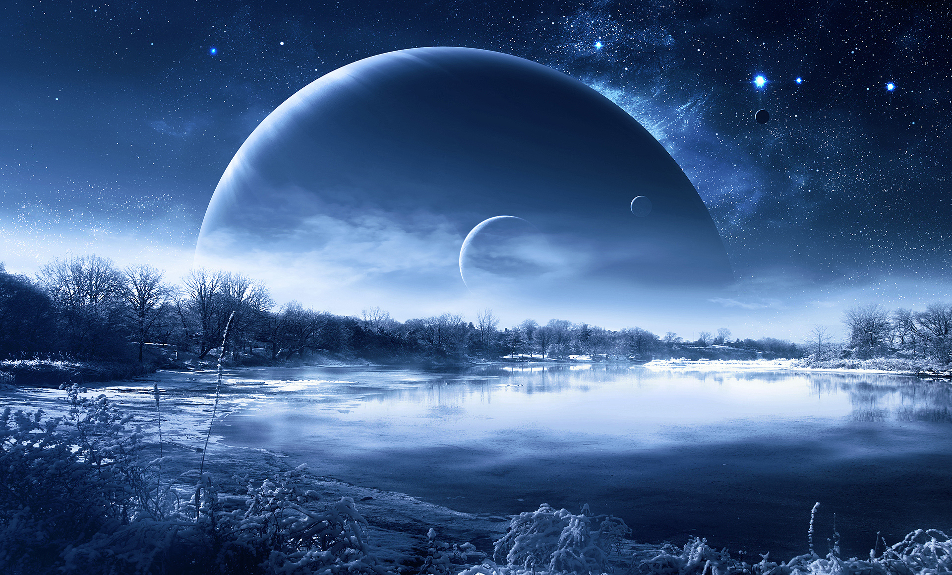 stars, Space, Winter, Qauz, Snow, Planet, Mood, Fantasy, Reflection Wallpaper