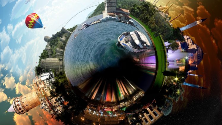 stereographic, Boat, Ocean, Buildings, Balloon, Castle, Bridge, Night, Stars HD Wallpaper Desktop Background