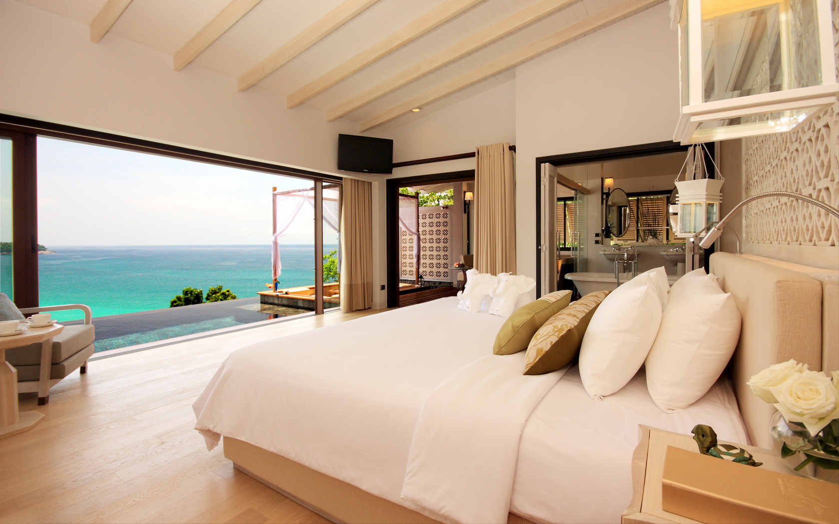architecture, Interior, Bed, Room, Sea Wallpaper