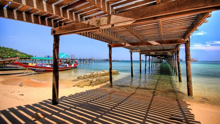 thai, Beach, Bridge, Boats, Nature, World HD Wallpaper Desktop Background