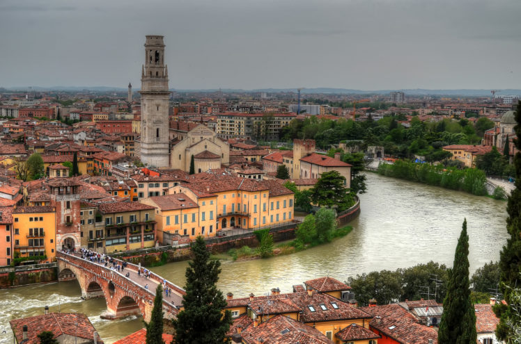 adige, River, Ponte, Pietra, Panorama, Buildings, Waterfront, River, Bridge HD Wallpaper Desktop Background