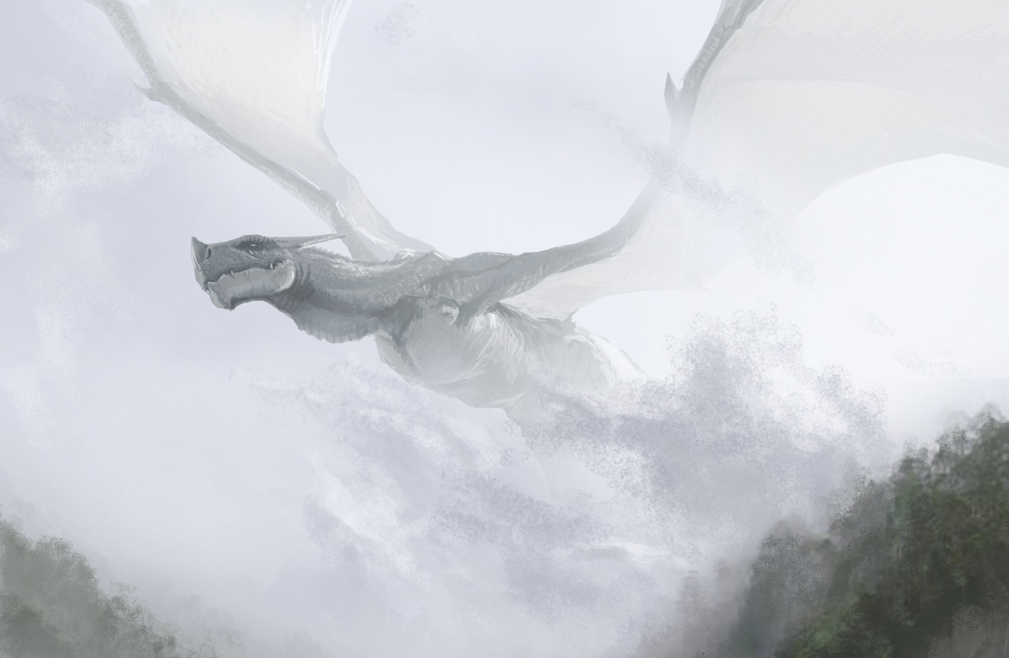 art, Dragon, Flying, Hills, Fog, Fantasy, Dragons Wallpaper