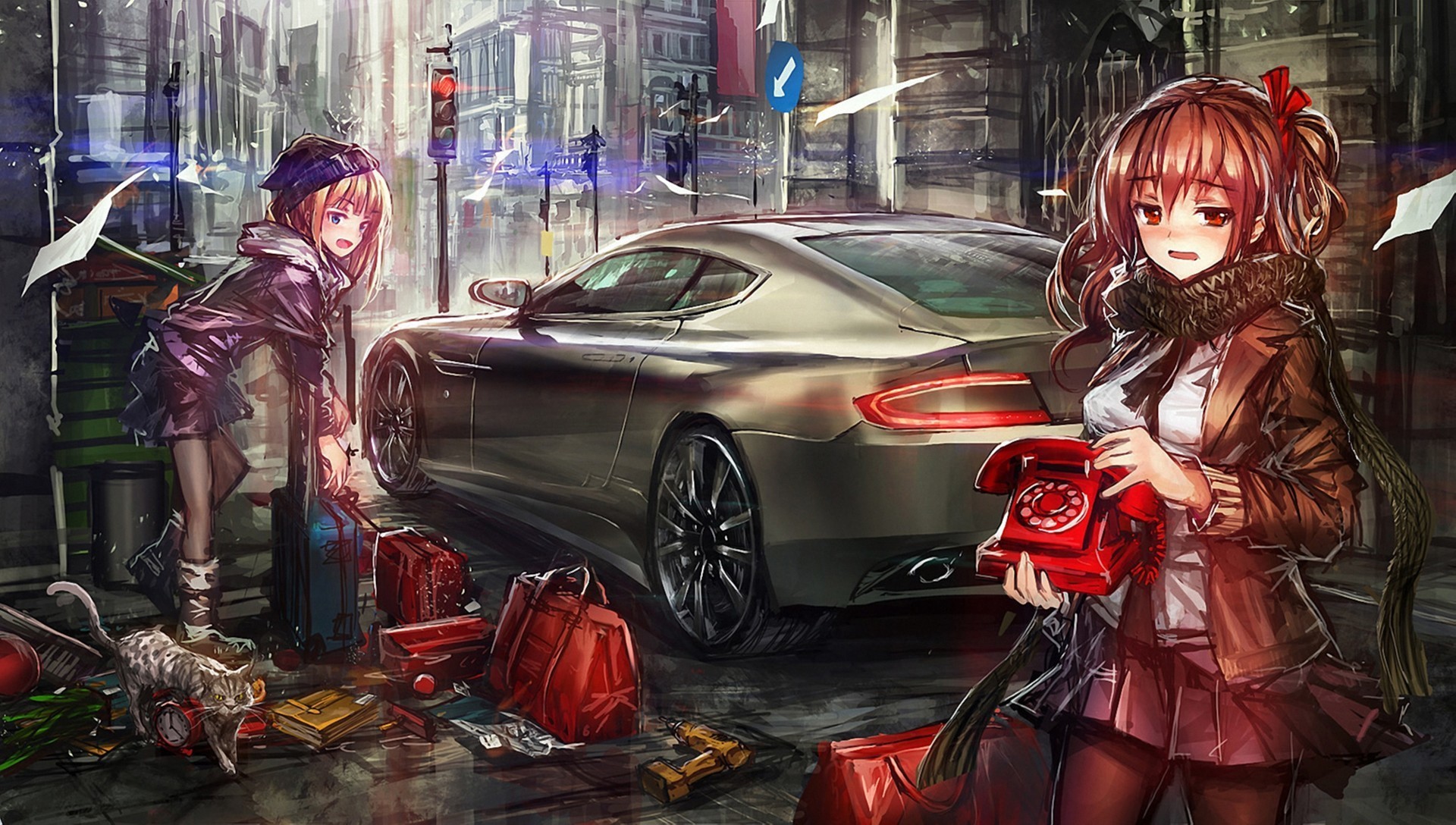 art, Drawing, Girl, City, Car, Phone, Cat, Luggage, Original Wallpaper
