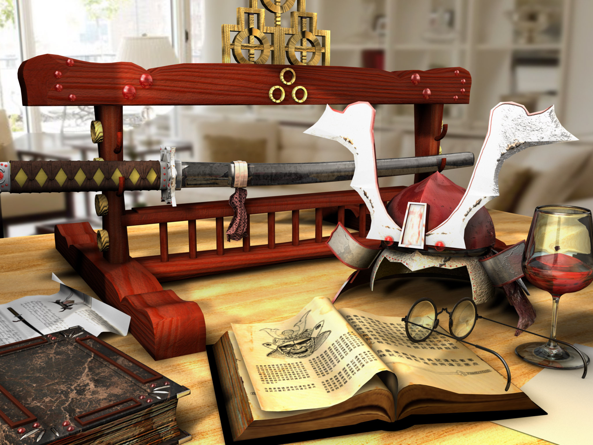 art, Glasses, Book, Table, Wine, Helmet, Sword, Goblet, Katana, Asian Wallpaper