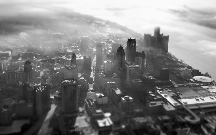 buildings, Skyscrapers, Bw, Tilt shift, Fog, Mist HD Wallpaper Desktop Background
