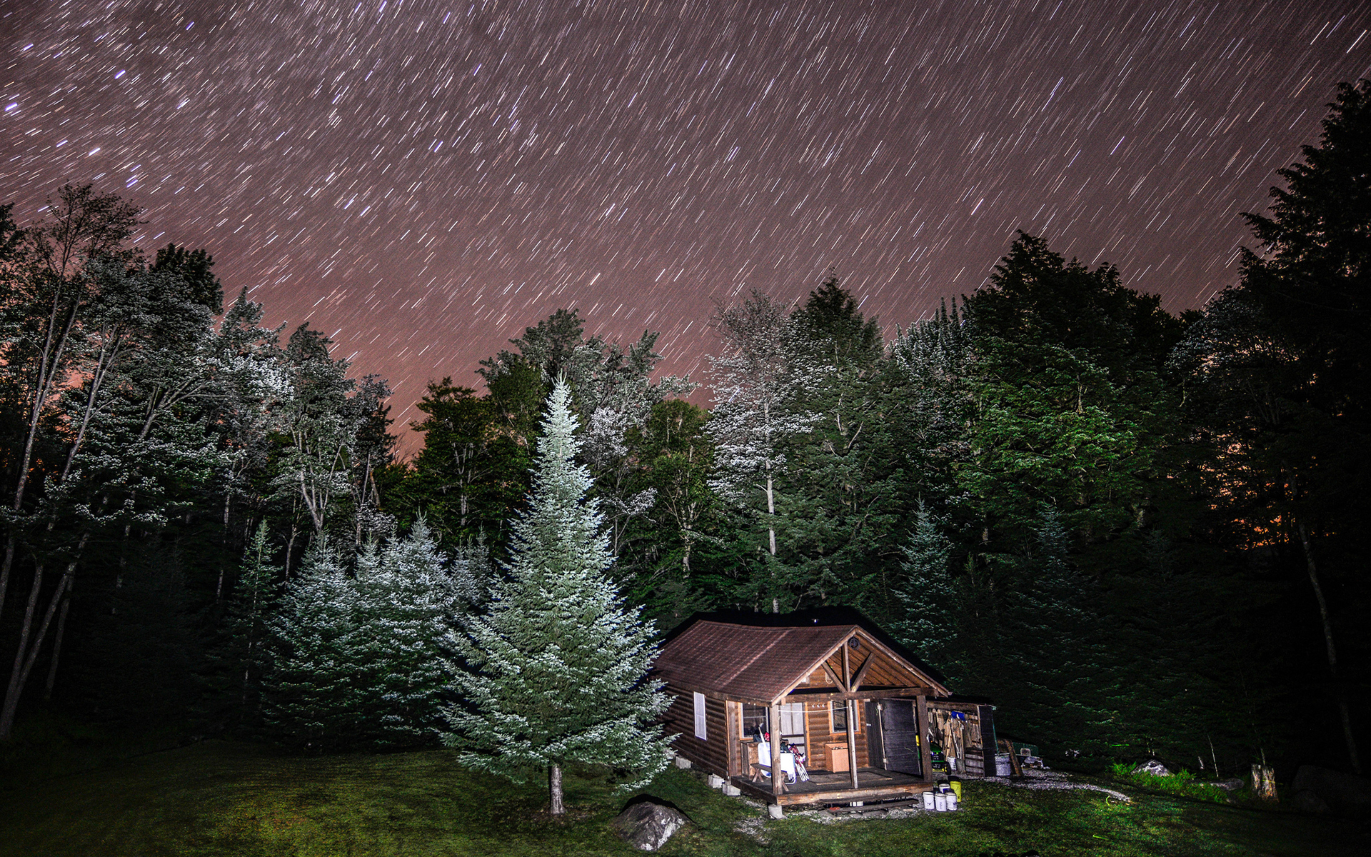 cabin, Night, Forest, Trees, Stars, Timelapse Wallpaper
