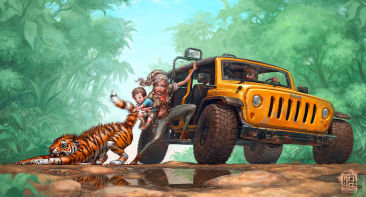 child, Family, Tirgu, Pulls, Tiger, Jeep, Art HD Wallpaper Desktop Background