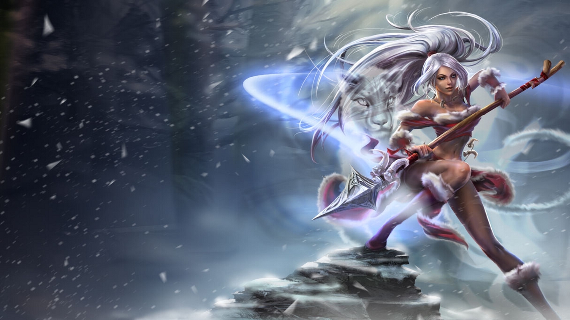 league, Of, Legends, Nidalee, Girl, Cat, Snow, Cold, Spear, Fantasy Wallpaper