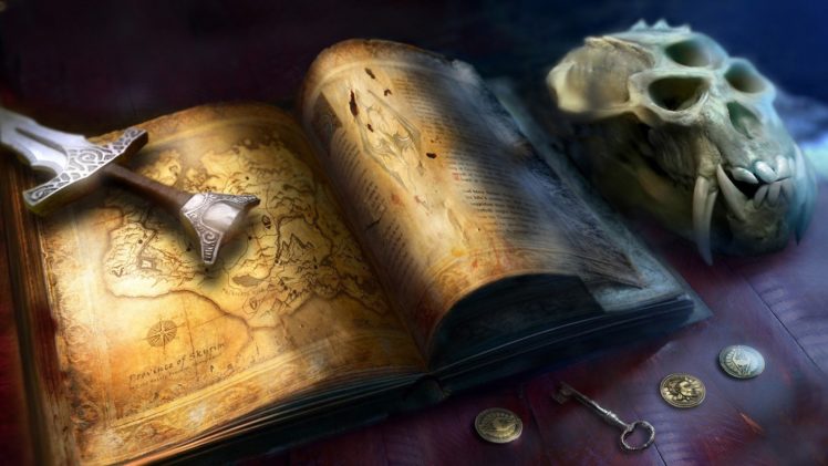 map, The, Elder, Scrolls, Sword, Skyrim, Skull, Book, Fantasy HD Wallpaper Desktop Background