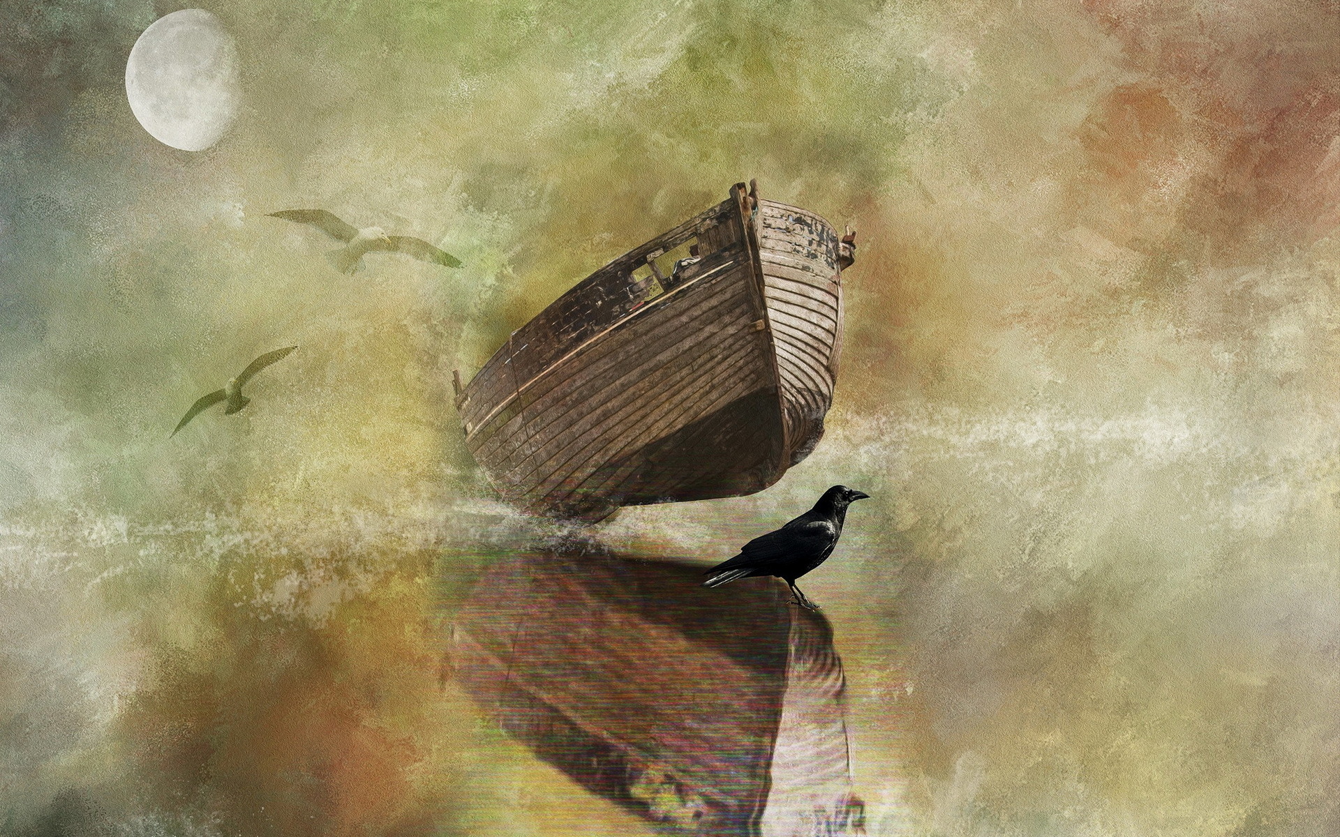moon, Bird, Boat, Style Wallpaper