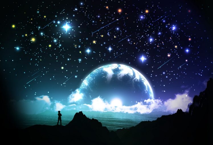 original, Art, Yk, People, Stars, Night, Sky, Sea, Clouds, Planet, Silhouette HD Wallpaper Desktop Background