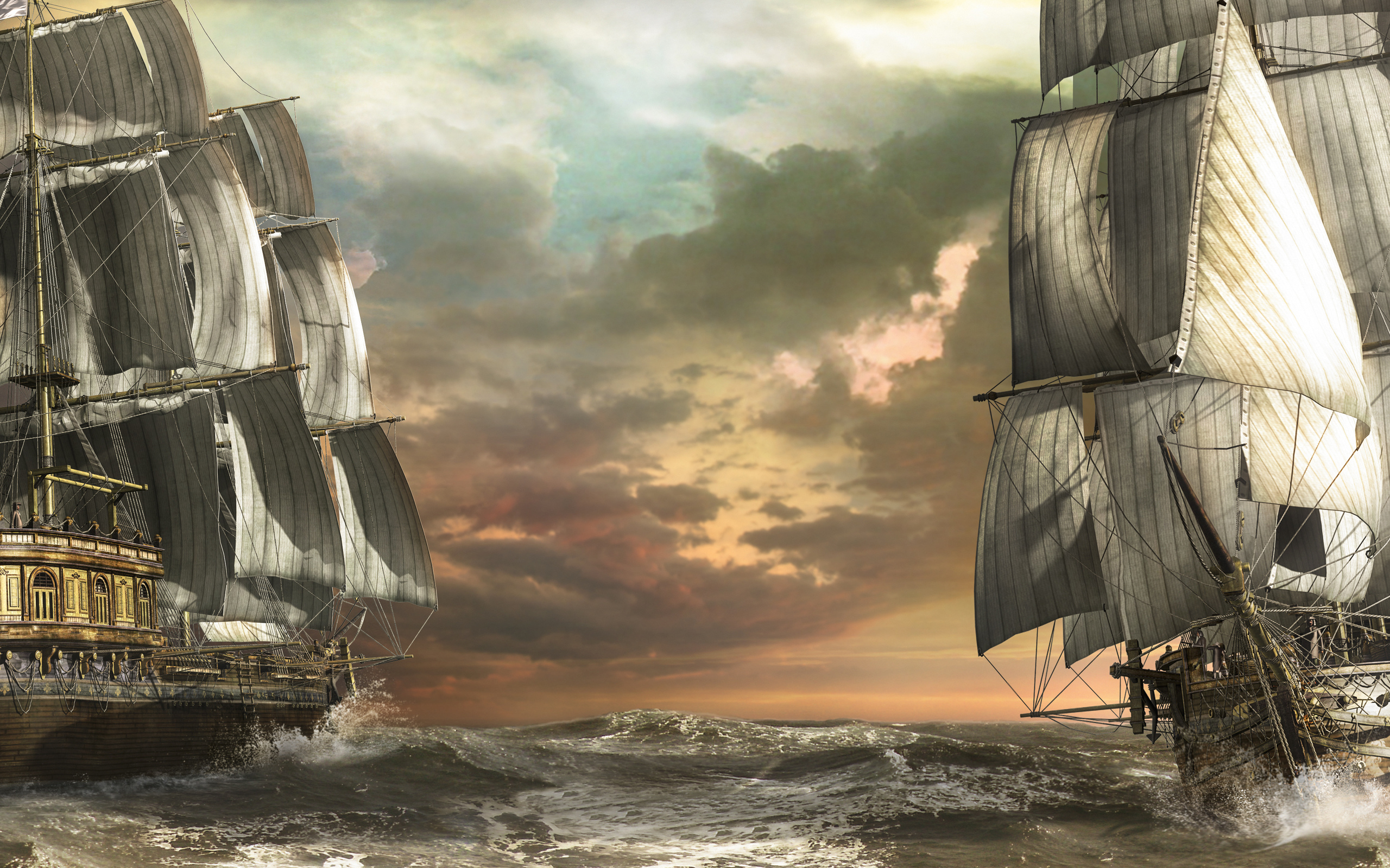 sailboats, Wallpaper, Art, Sea, Waves, Boats, Ship, Ships, Fantasy, Schooner, Ocean Wallpaper