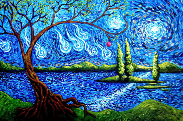 sky, Tree, Abstract, Lake, Apple, Island, Art HD Wallpaper Desktop Background