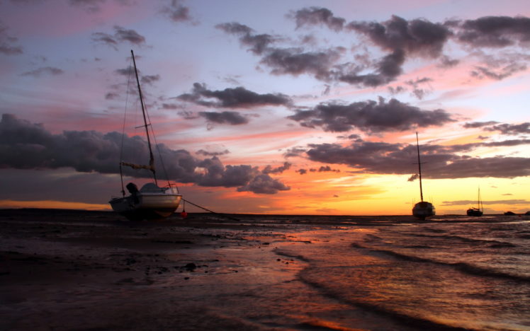 sunset, Sea, Ships, Landscape HD Wallpaper Desktop Background