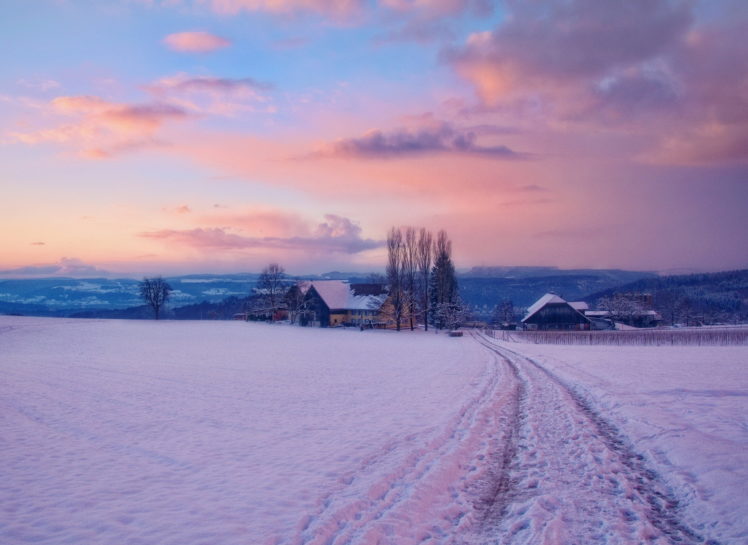 winter, Snow, Village, Dawn, Farm, Sunrise HD Wallpaper Desktop Background