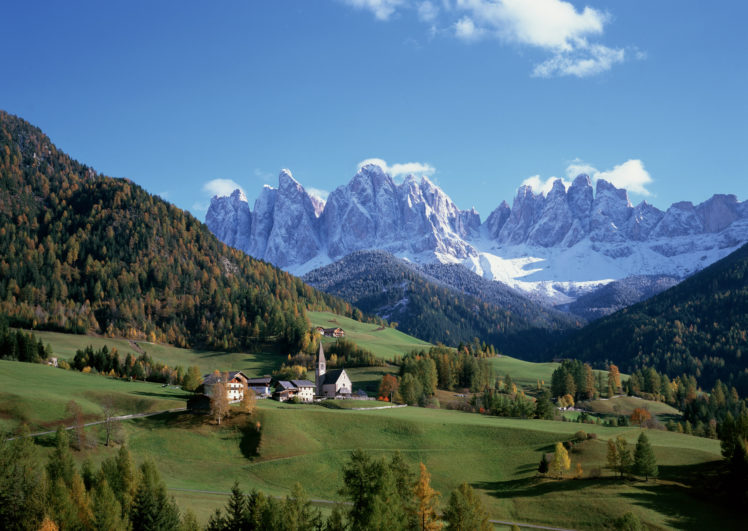 italy, Mountains, Peaks, Snow, Trees, Houses, Autumn HD Wallpaper Desktop Background