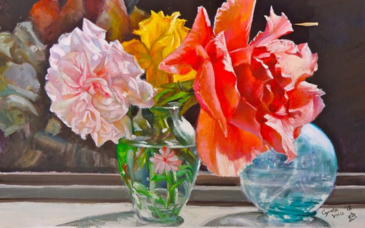 art, Flowers, Vase, Roses, Window, Sun, Flower HD Wallpaper Desktop Background