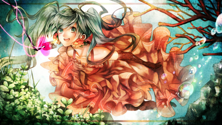 art, Vocaloid, Hatsune, Miku, Girl, Vocaloid, Under, Water, A, Microphone, Bubbles HD Wallpaper Desktop Background