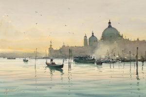 painting, Venice, Sea, City, Gondola