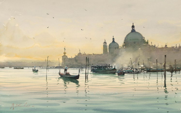 painting, Venice, Sea, City, Gondola HD Wallpaper Desktop Background