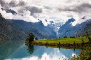 norway, Mountains, Meadow, Clouds, Fjord