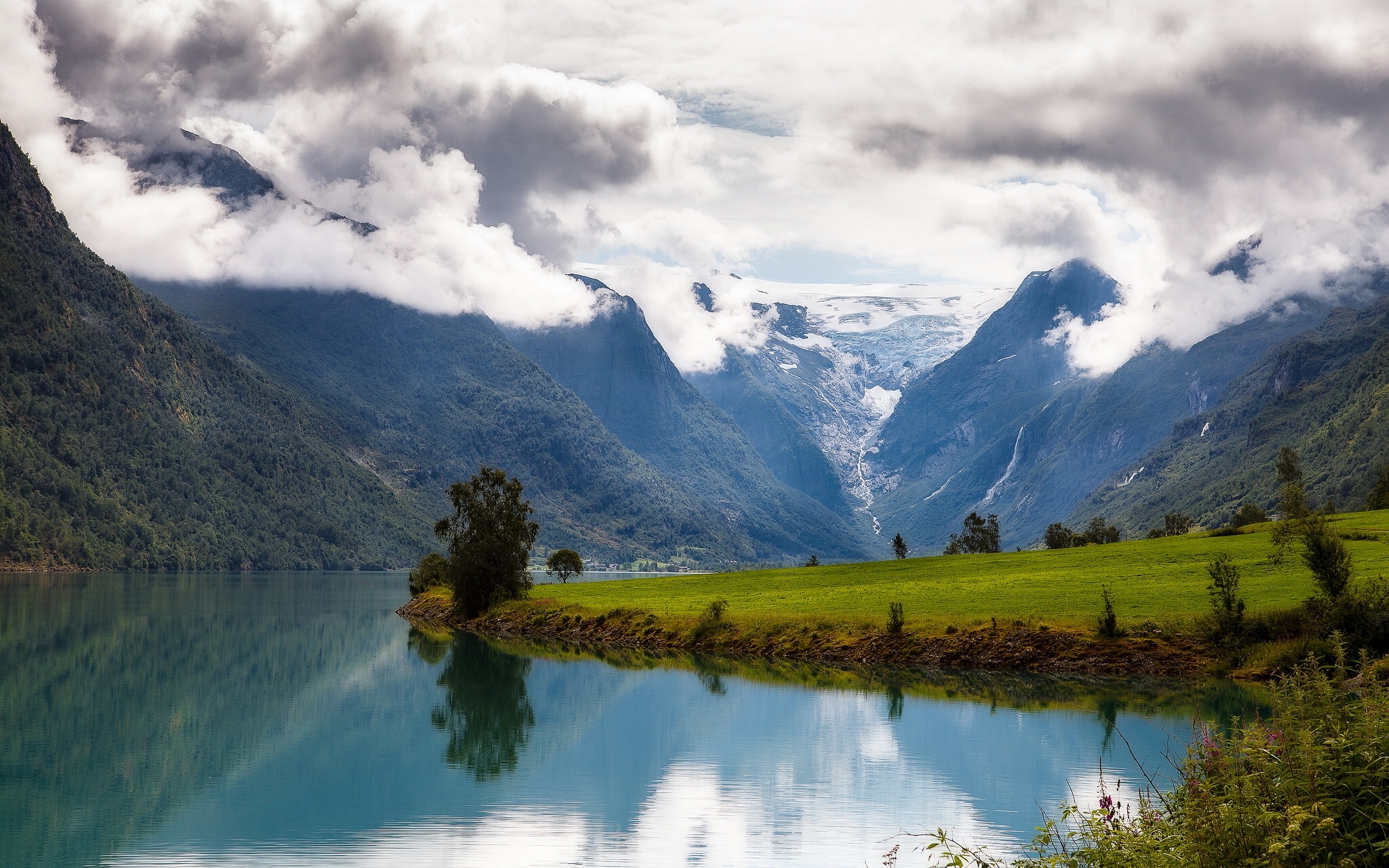 norway, Mountains, Meadow, Clouds, Fjord Wallpaper