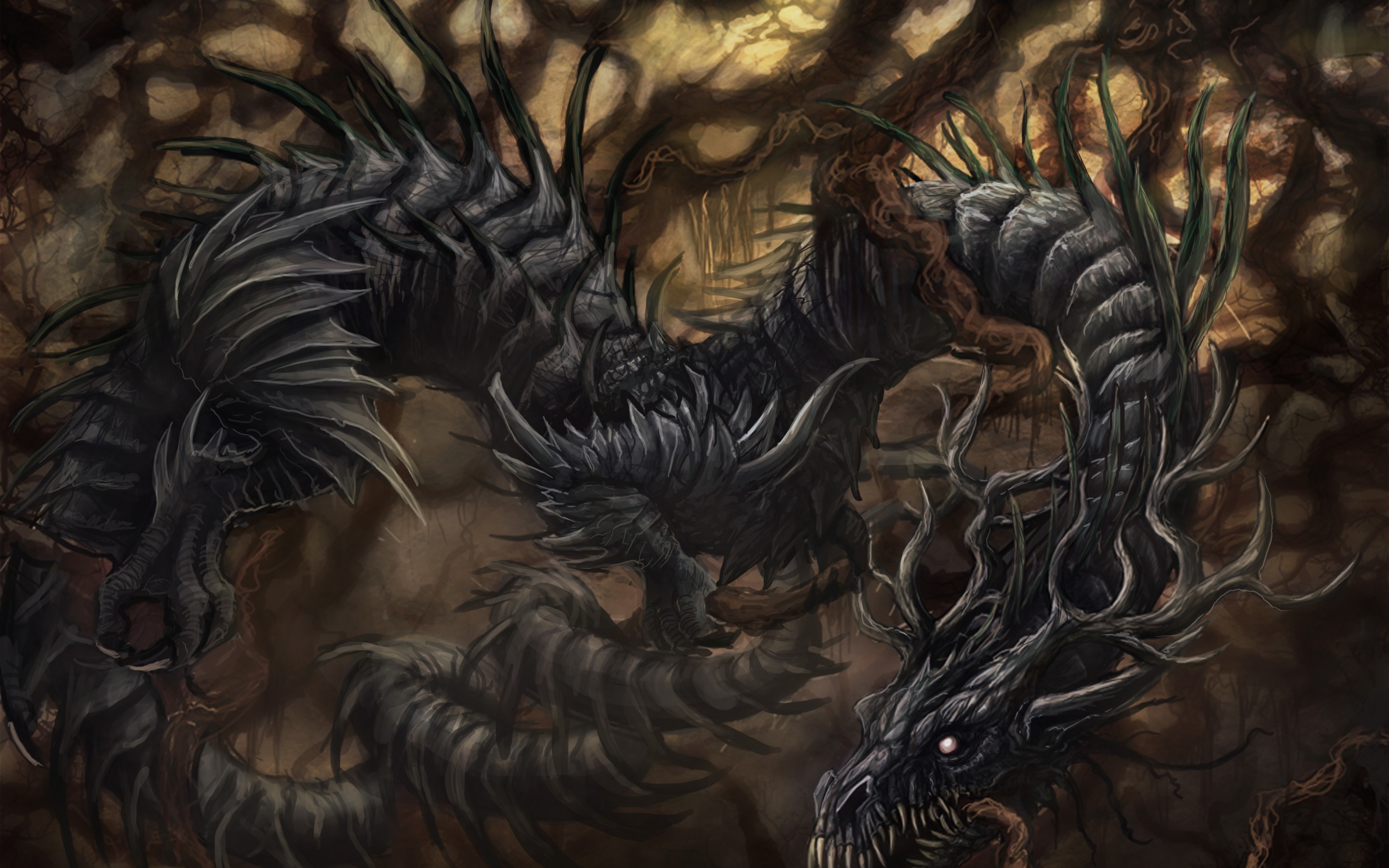 art, Dragon, Roots, Trees, Branches, Curves, Fall, Dragons Wallpaper