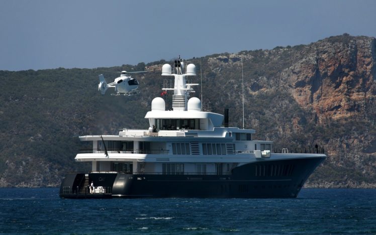 greece, Helicopter, Rock, Yacht, Ship, Boat HD Wallpaper Desktop Background