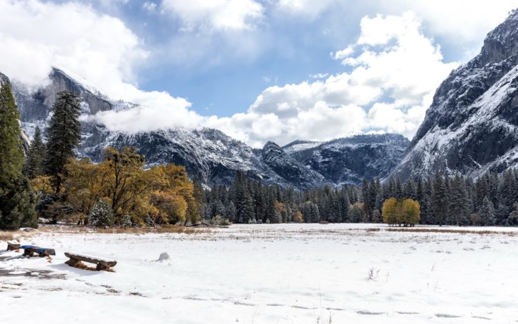 mountains, Winter, Bench, Landscape HD Wallpaper Desktop Background